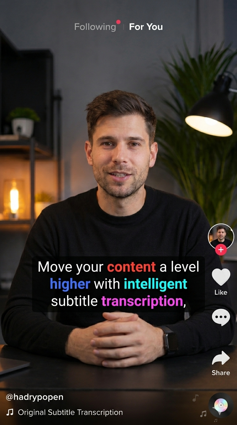 Vertical creator video with colorful subtitle transcription